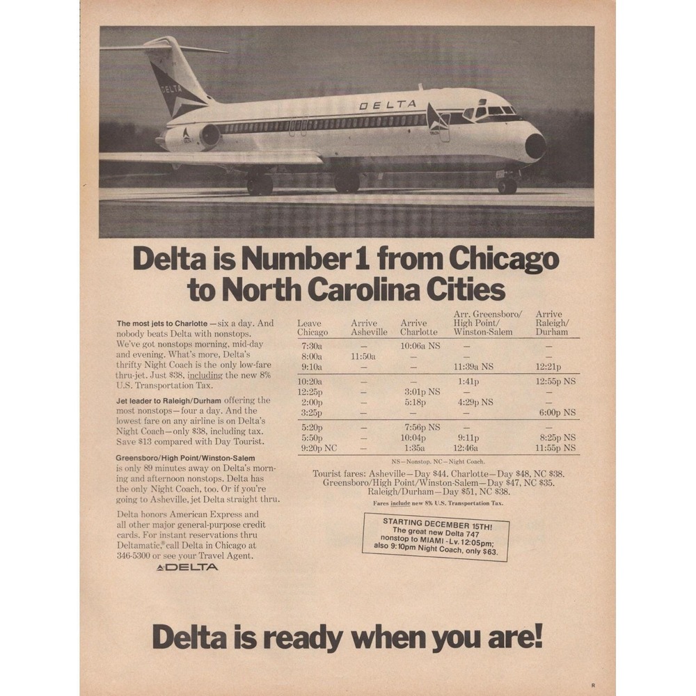 Delta Airlines Number 1 from Chicago to NC Charlotte Raleigh Print Ad 1970